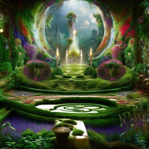 Majestic Labyrinth Garden with Spectral Illusions