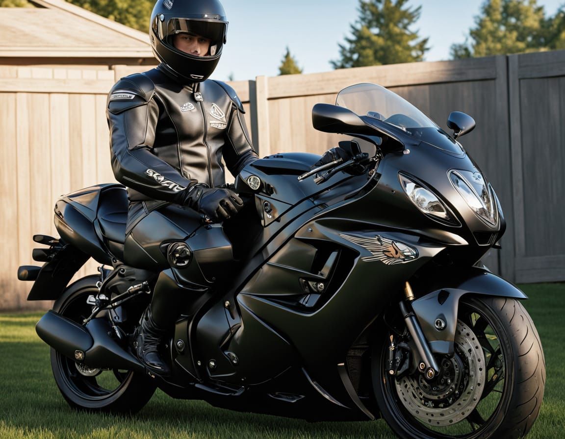 Motorcycle Rider with Suzuki Hayabusa in Suburbia