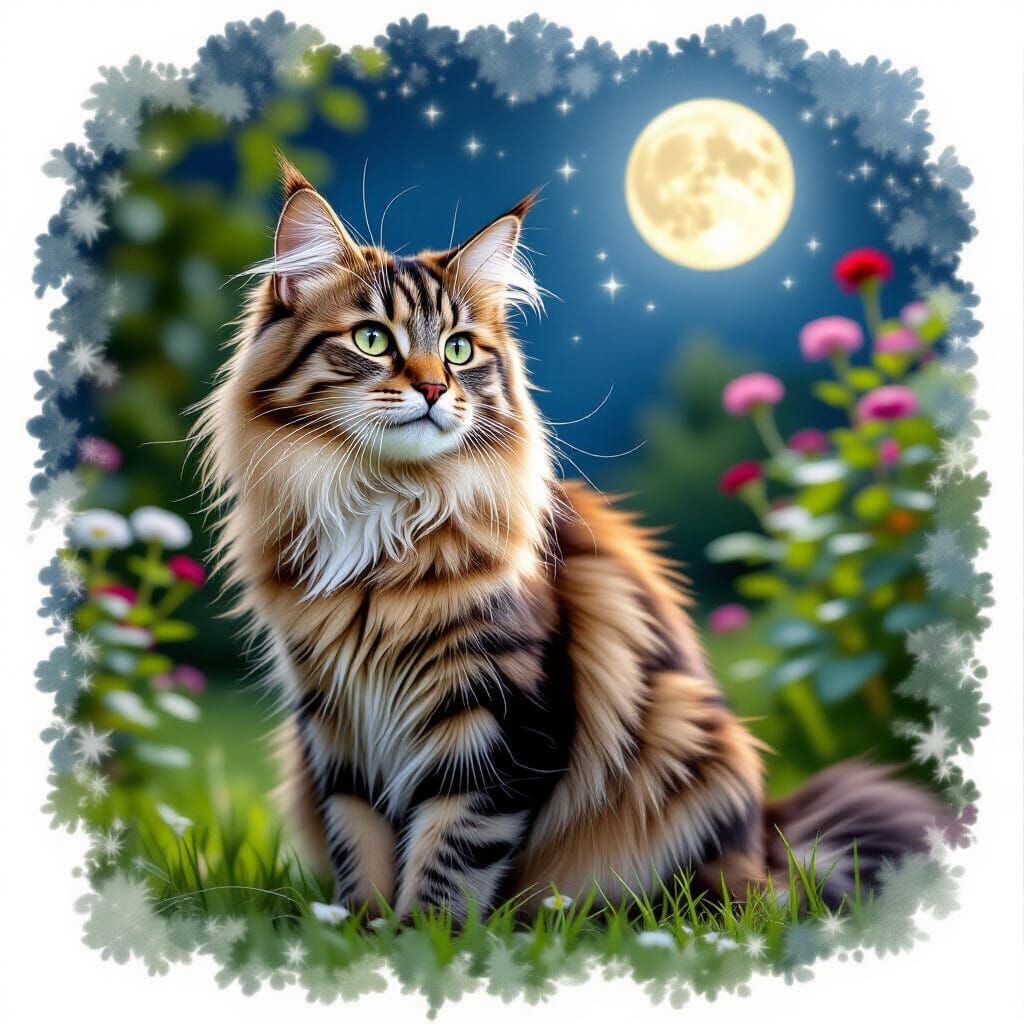Elegant Old Cat in Moonlight Garden