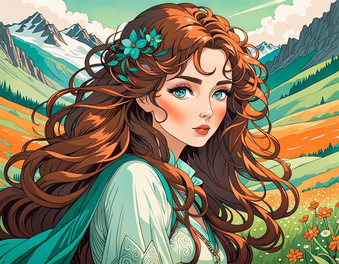 Woman in Meadow, Alphonso Mucha Cel-Shaded Ink Drawing