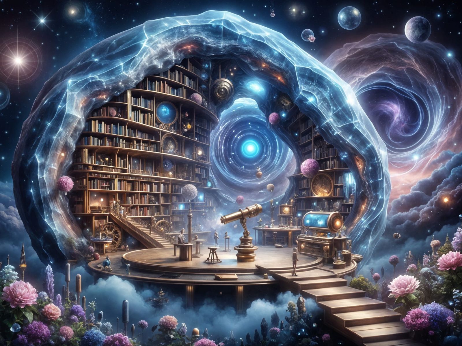 Steampunk Crystal Geode Library in Cosmic Fantasy