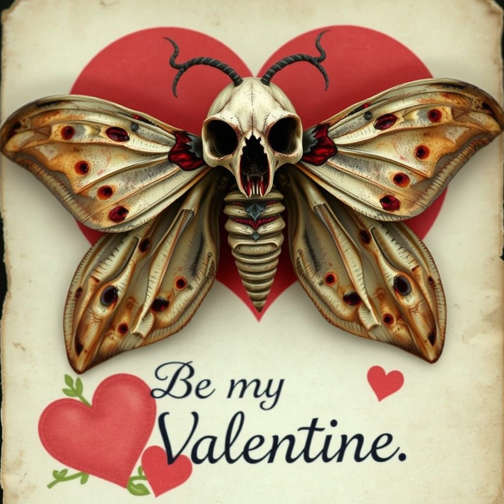 Ethereal Death's Head Moth on Vintage Valentine's Card in Da...