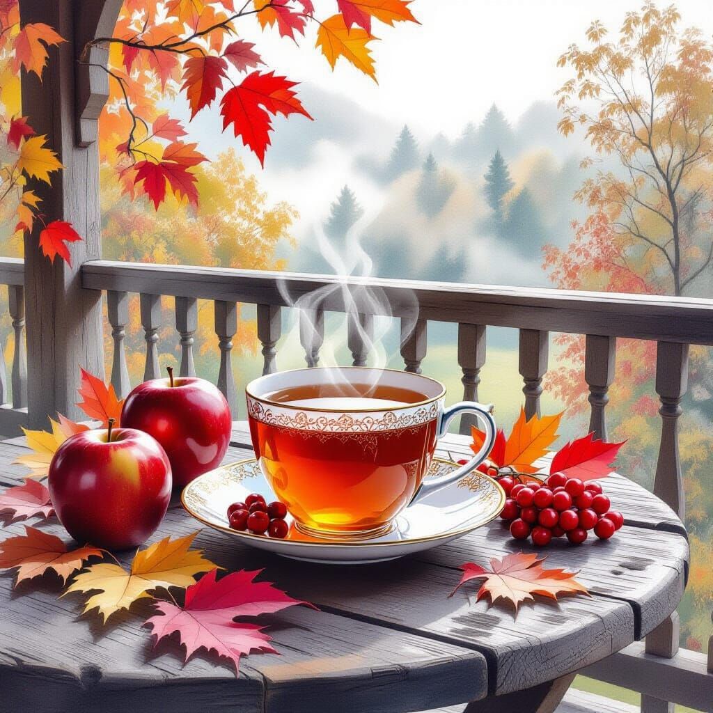 Steaming Tea on Autumn Veranda with Apples and Rowan Berries