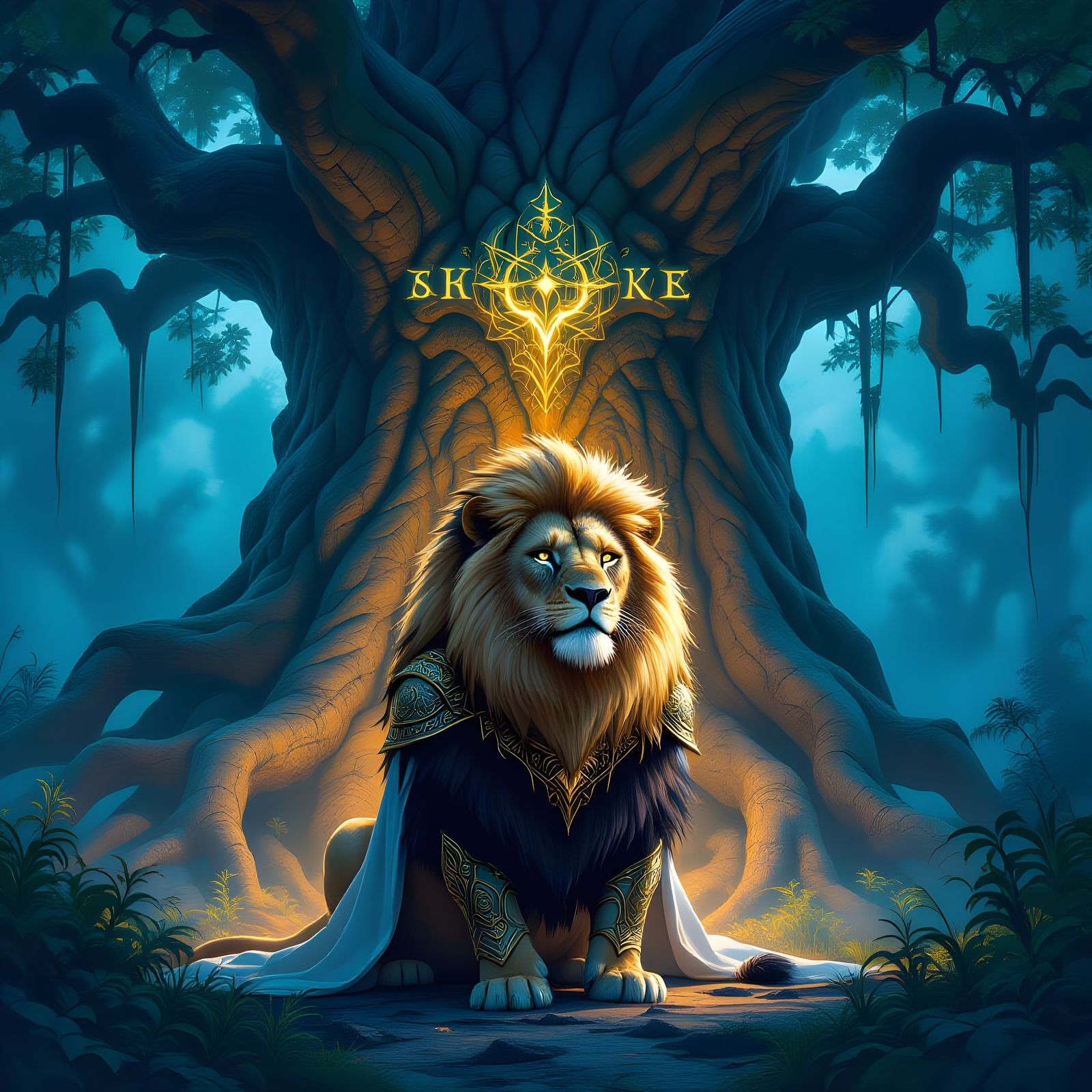 Lion Guardian in Mystical Forest High Fantasy Art