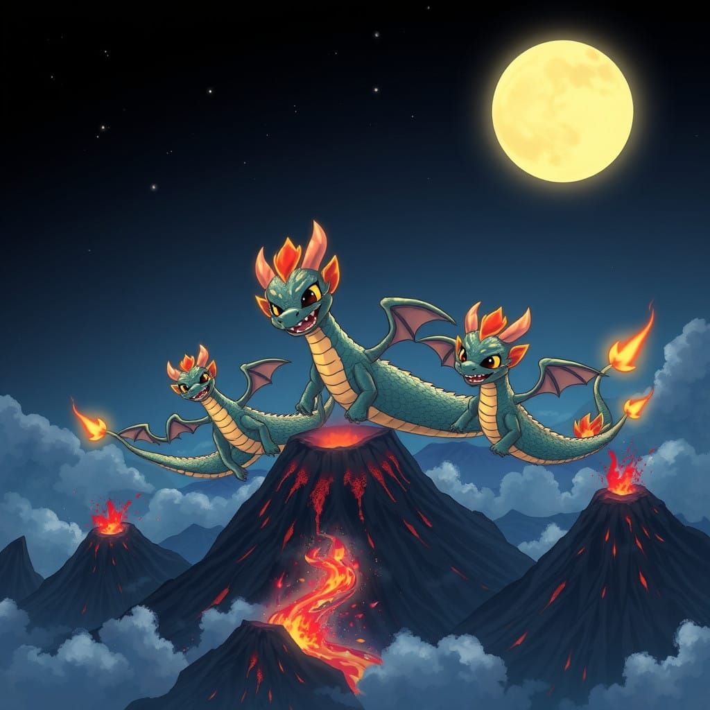 Surreal Fire Dragons Soar in Volcanic Landscape, in Vibrant....