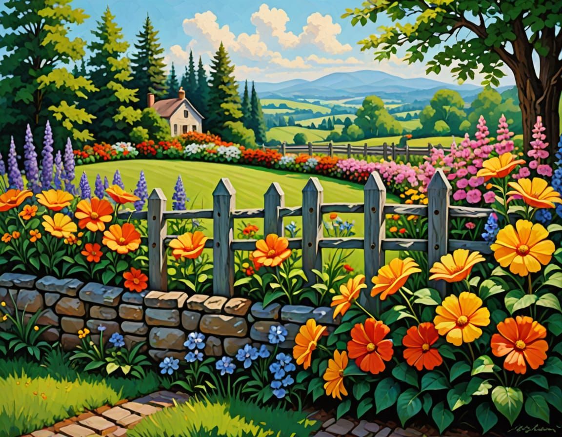 Stone Fence Flower Garden as Impasto Painting