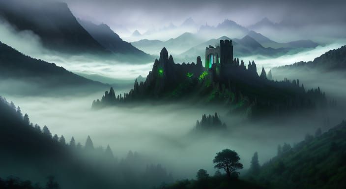 Mystical Hidden Valley Beneath Mist Shrouded Mountains
