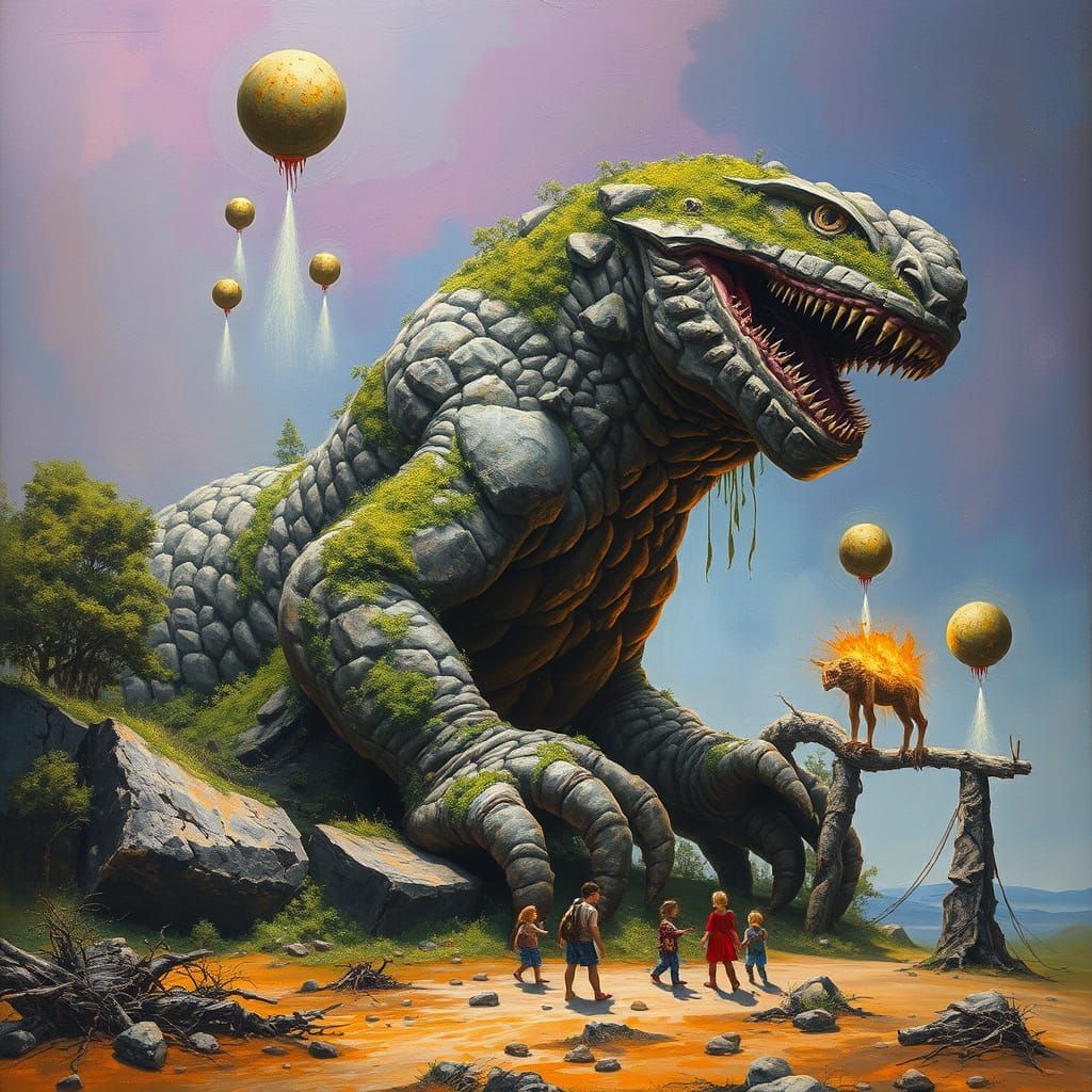 Earthy Monster Shields Children in Surrealist Dreamscape