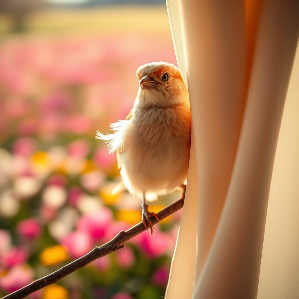 Satin Bird in Spring Bloom: A Close-Up Portrait in Vibrant C...