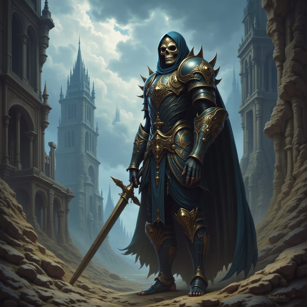 Skeletal Knight Guards Dark Ruins in Epic Fantasy Style
