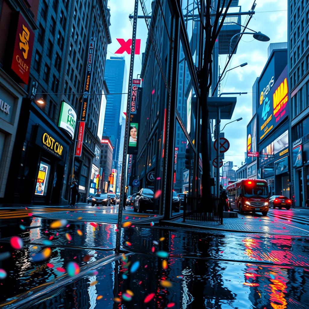 Hyperrealistic Wet City Streets at Night