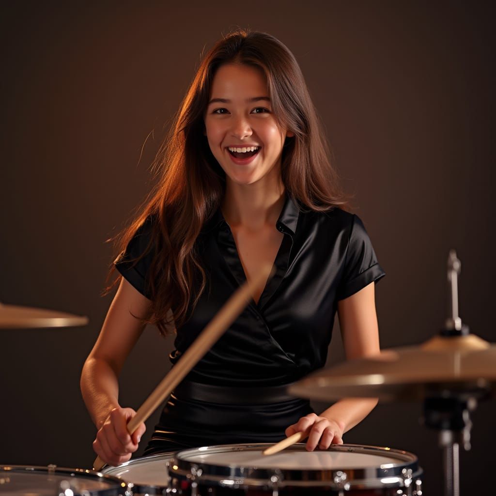 Vibrant Drummer in Satin Blouse