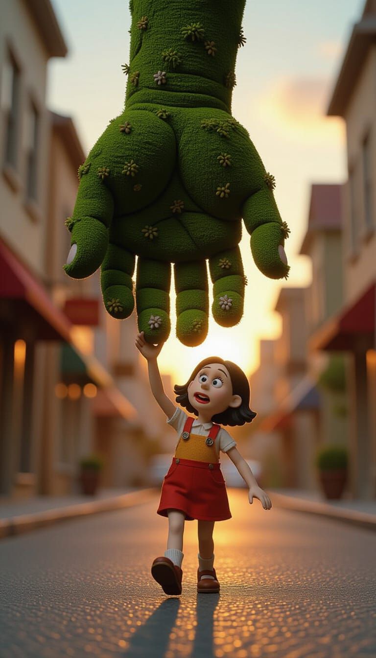 Girl and Giant Mossy Hand in Claymation Style