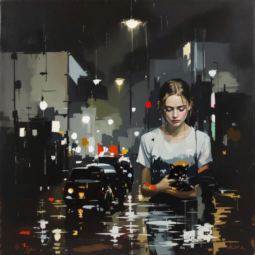 Melancholic Oil Painting of Woman Walking Alone in Rainy Nig...