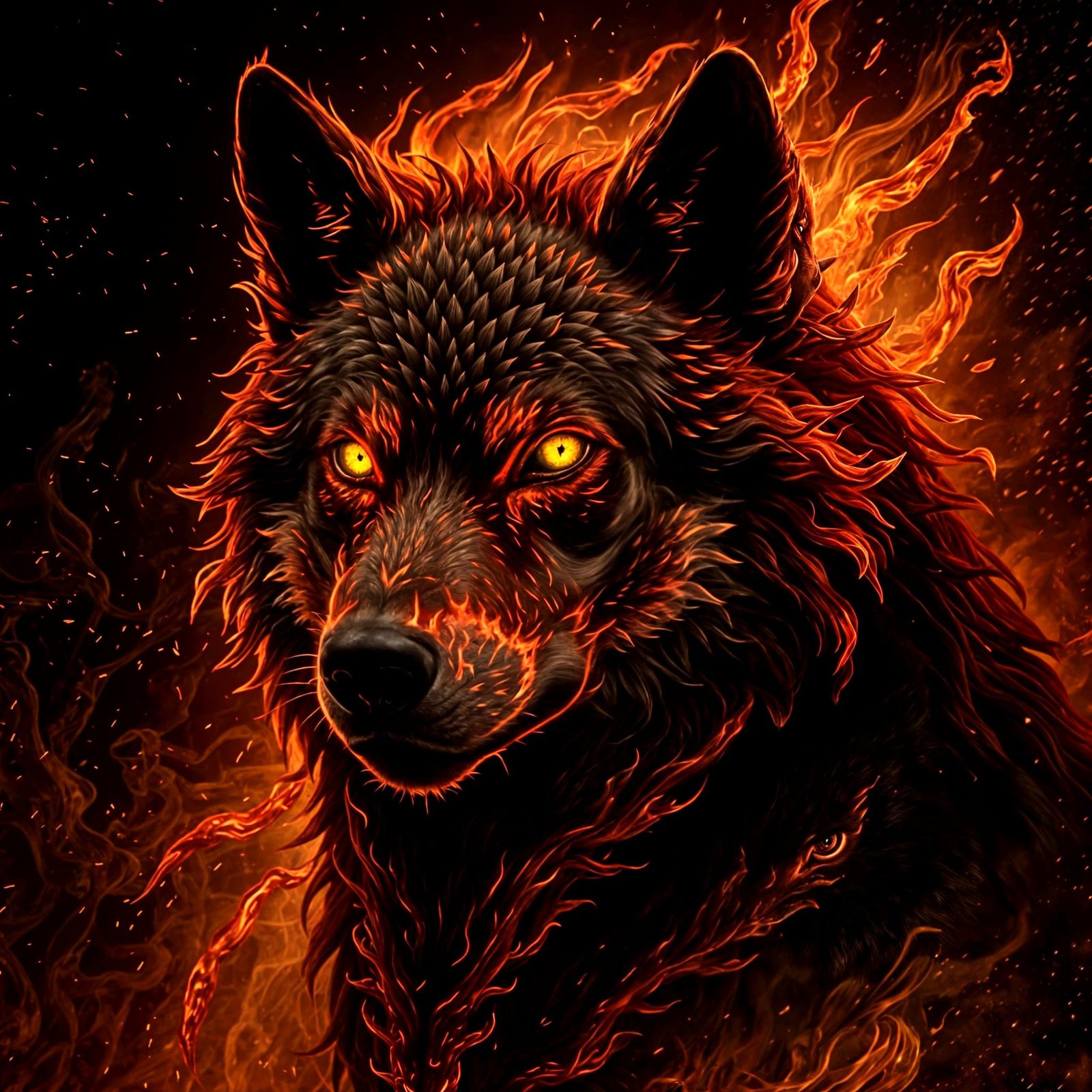 Flaming Wolf Portrait in Photorealistic Dark Fantasy