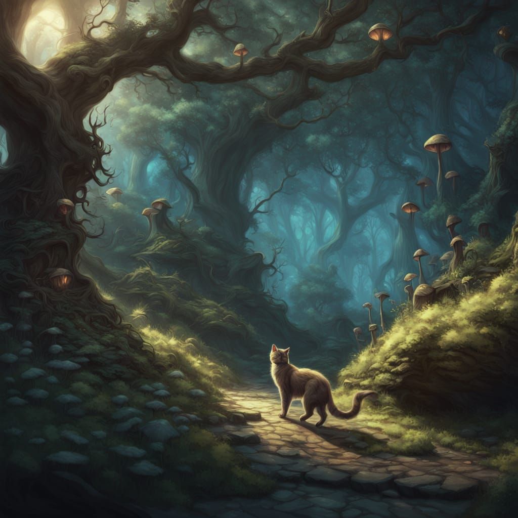 Whimsical Cats in Enchanted Forest