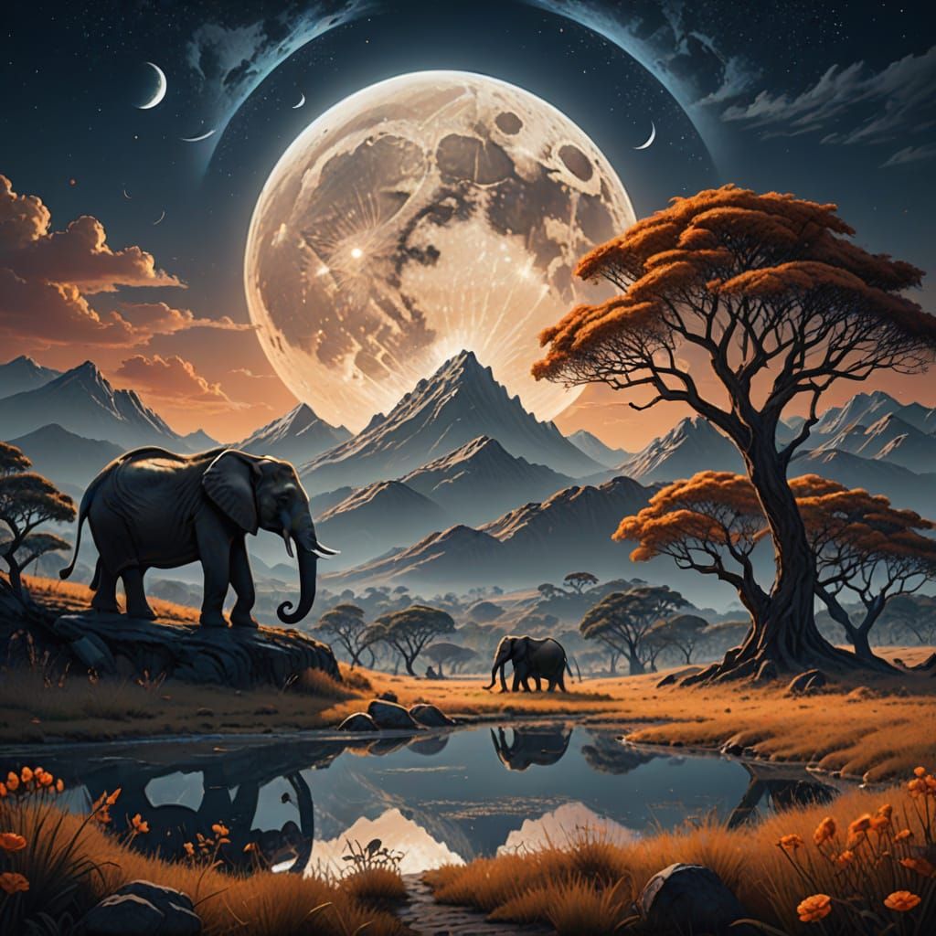 Surreal Teardrop Landscape with Lion and Elephant