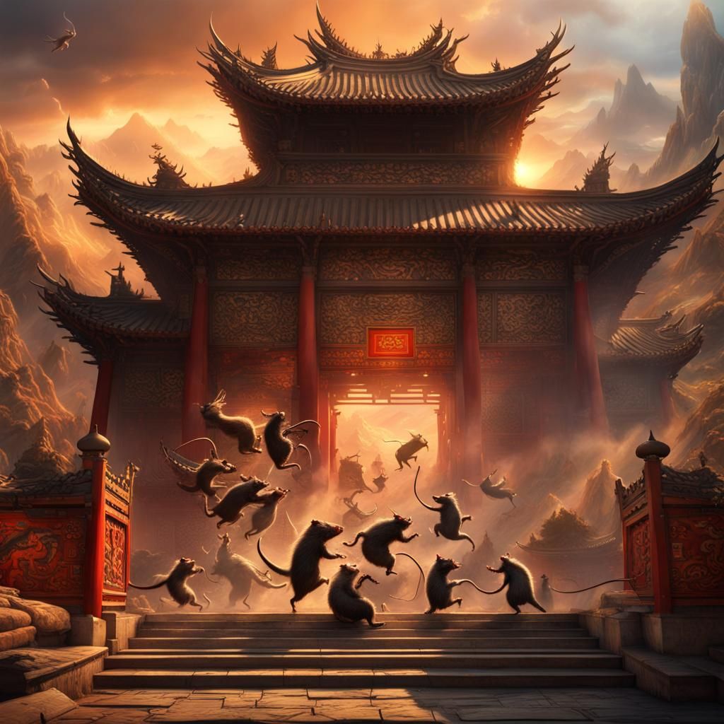 Kung Fu Rats in Mountain Temple at Sunrise