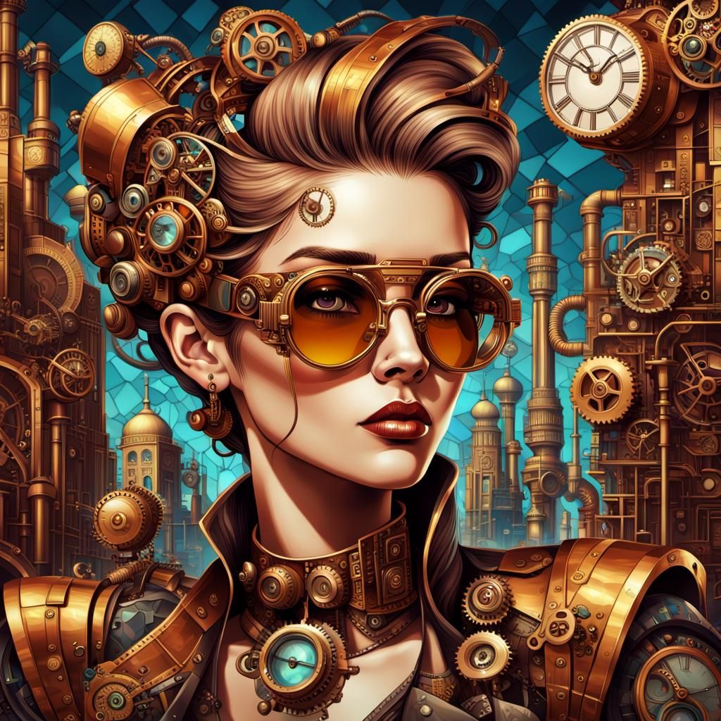 Steampunk Lady in Geometric Cityscape, Cubist Digital Art