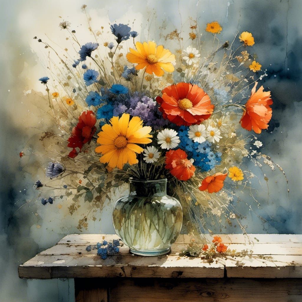 Colorful Meadow Flowers Bouquet on Rustic Table