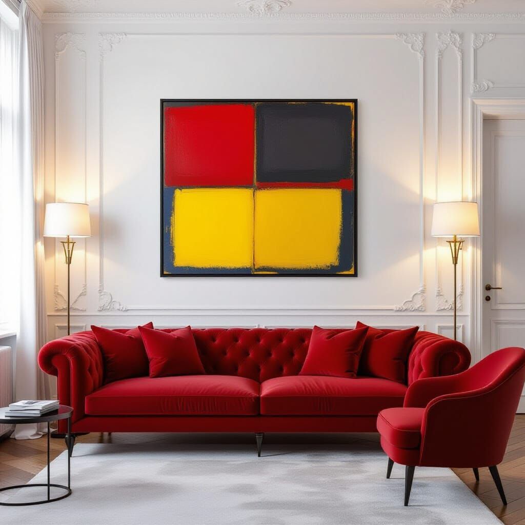 Abstract Expressionist Painting in Red, Yellow, Grey, Black