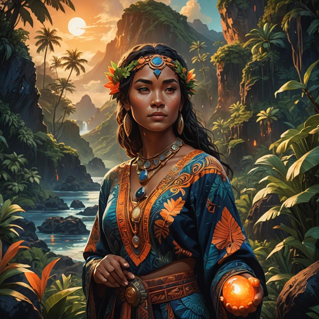 Polynesian Woman with Glowing Stone in Fantasy Landscape