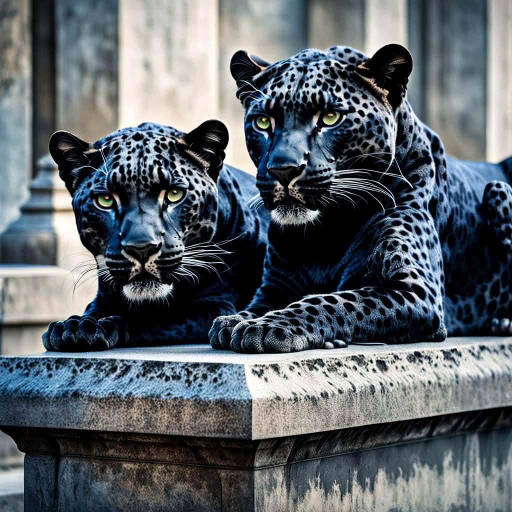 Two Black Leopards Laying on Pedestal in HDR