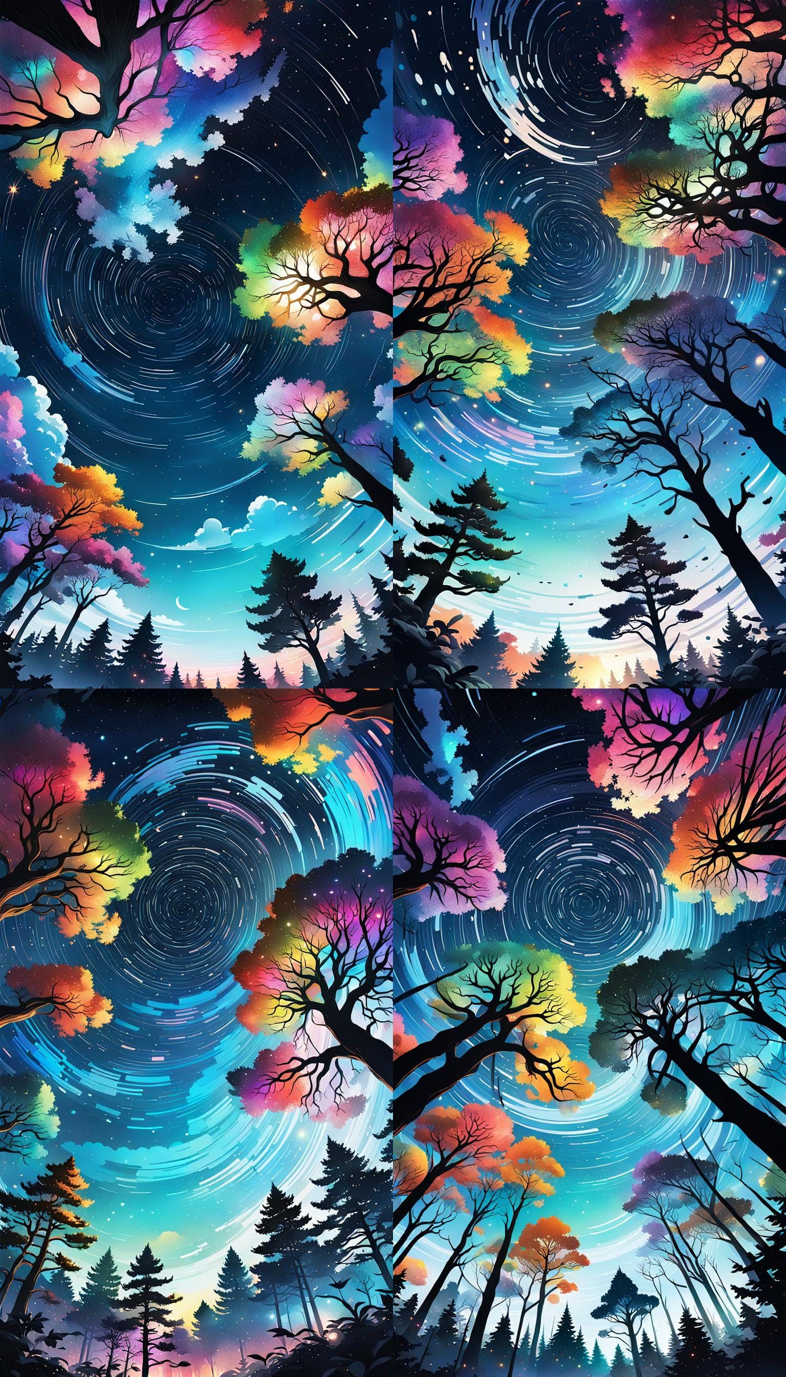Shillouettes of tree tops and branches with colorful swirling galxy-filled night sky as background. Hyperrealistic, spla...