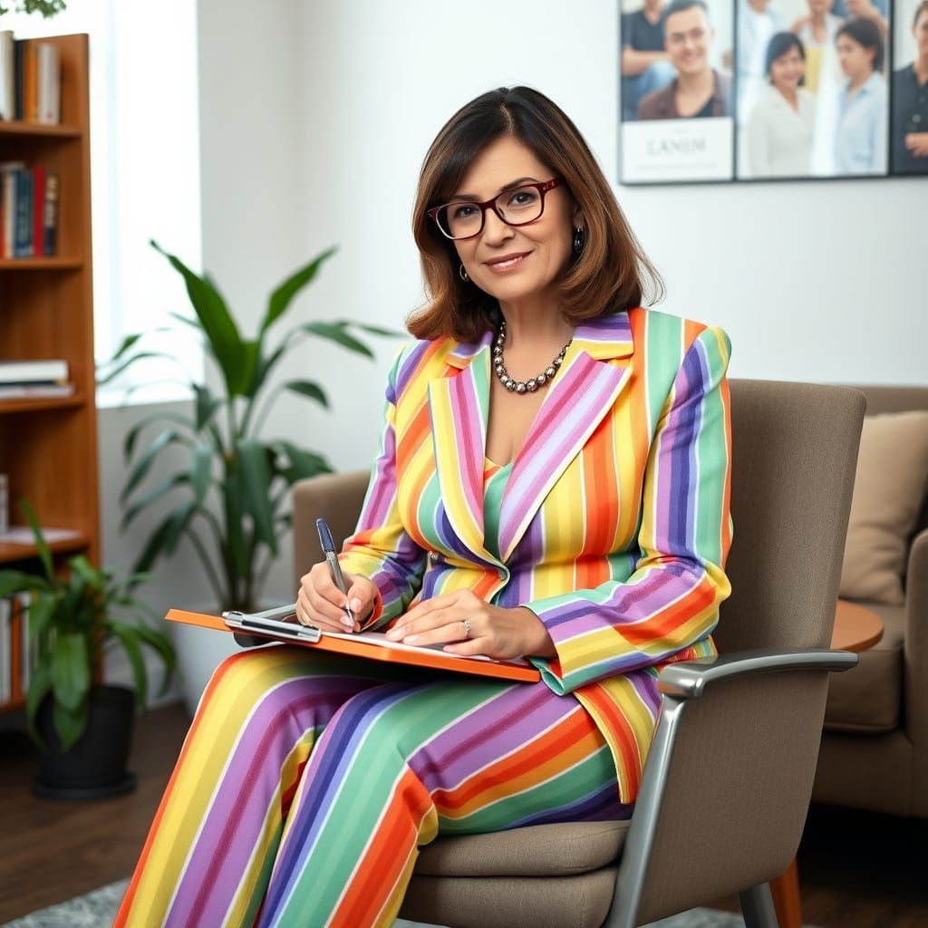 Confident Female Psychiatrist Exudes Rainbow Pride in Office...