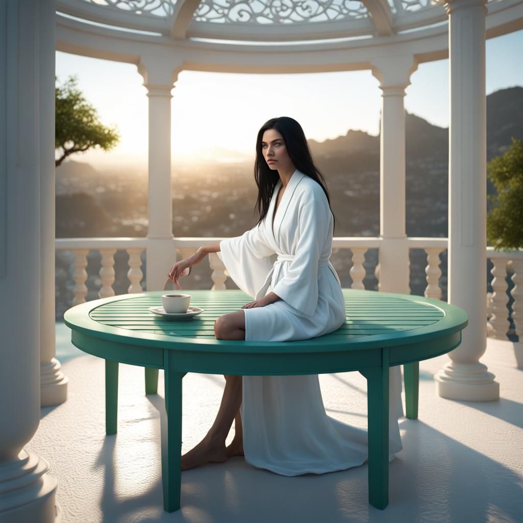 Woman in Bathrobe at Dawn: Detailed Matte Painting