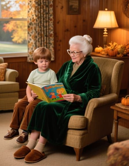 Grandmother Reads to Boy in Cozy 1975 Living Room