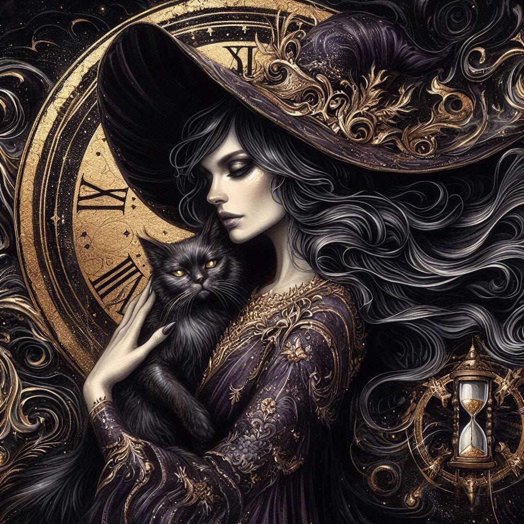 Royal Witch with Cat in Golden Hourglass