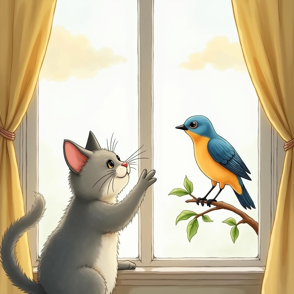 Whimsical Cat and Bluebird Storybook Illustration