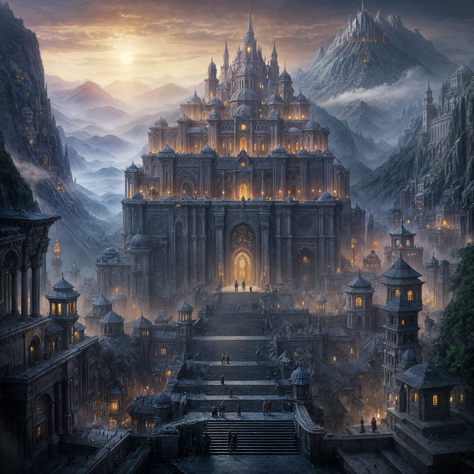 Watercolor Cityscape in Mountainous Region, Digital Art