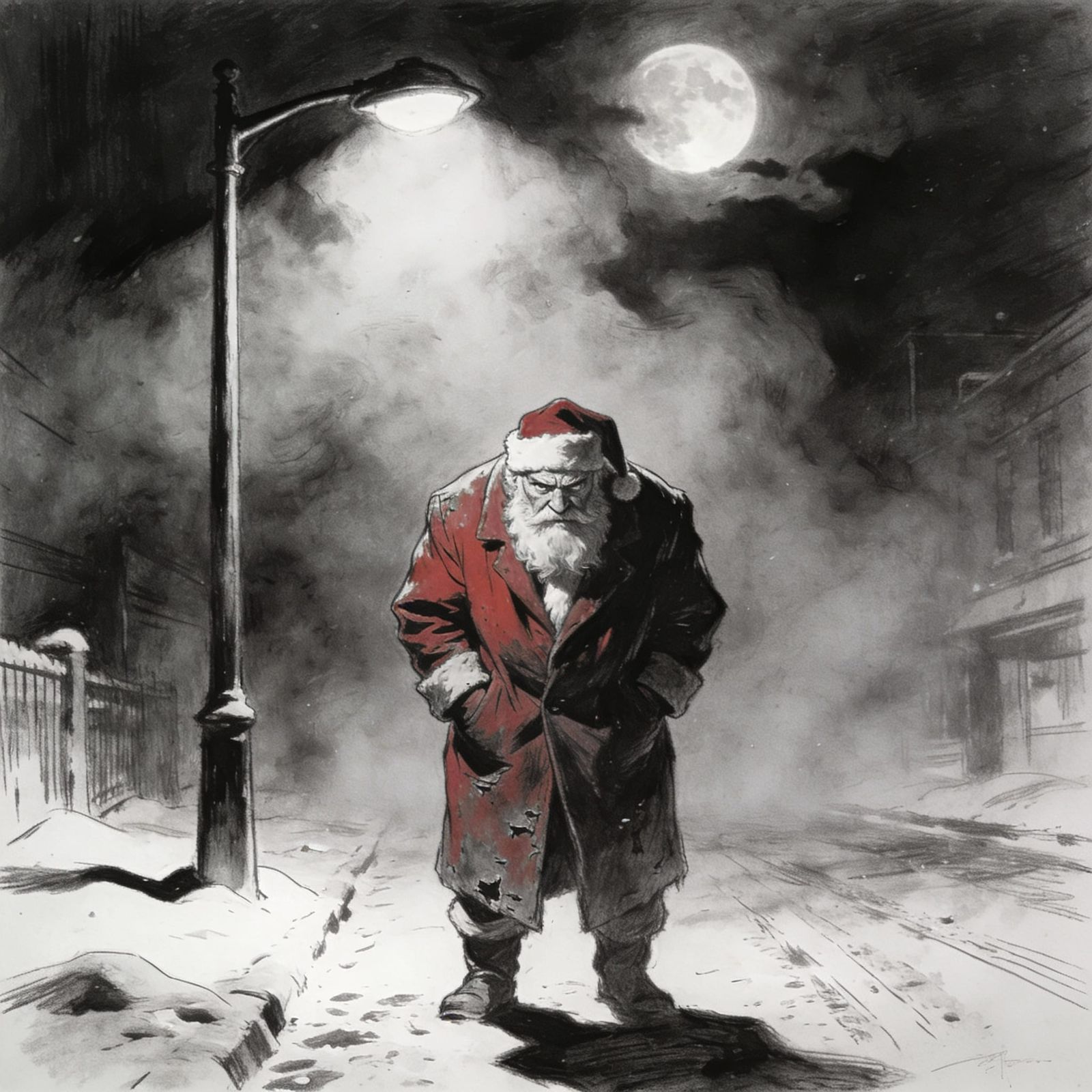 Grizzled Santa in Noir Foggy Street