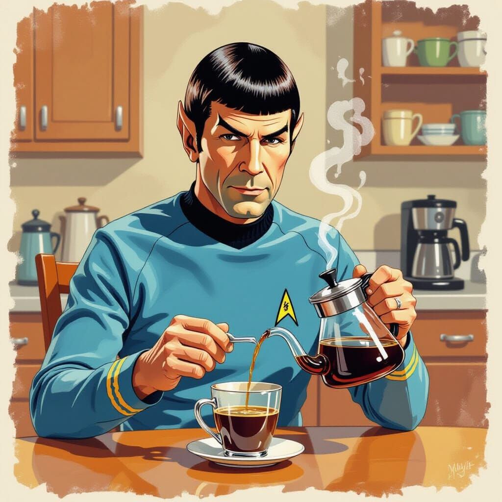 Mr. Spock Brewing Coffee: Gouache Painting