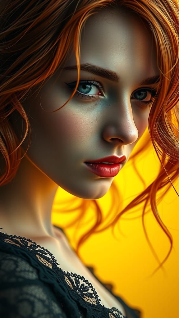 Red-Haired Woman in Lace, Lemon Yellow Background