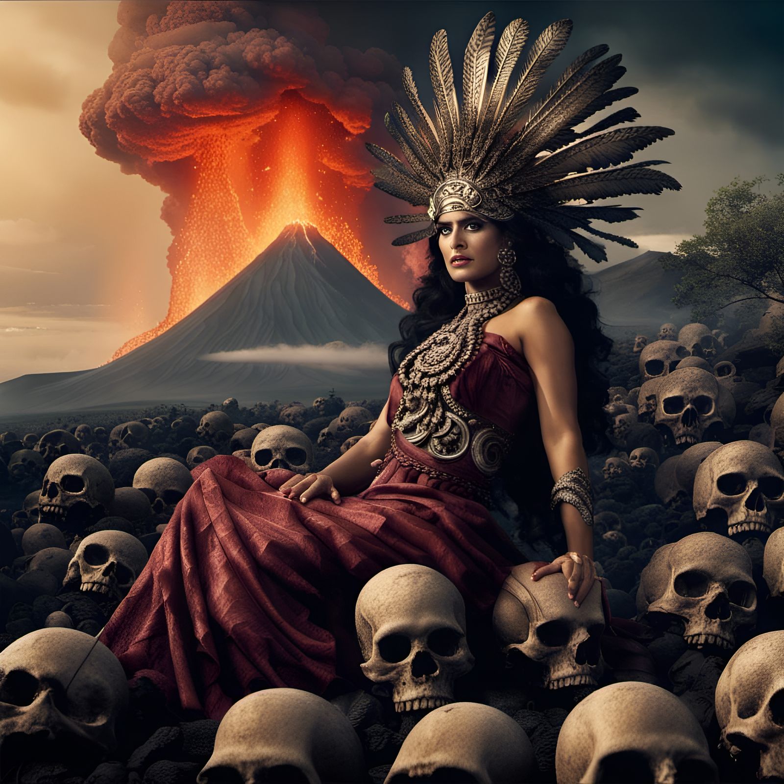 Young Salma Hayek as the Dead Aztec Princess laying in a sea of human skulls Mexico volcano popocatepetl erupting in the...