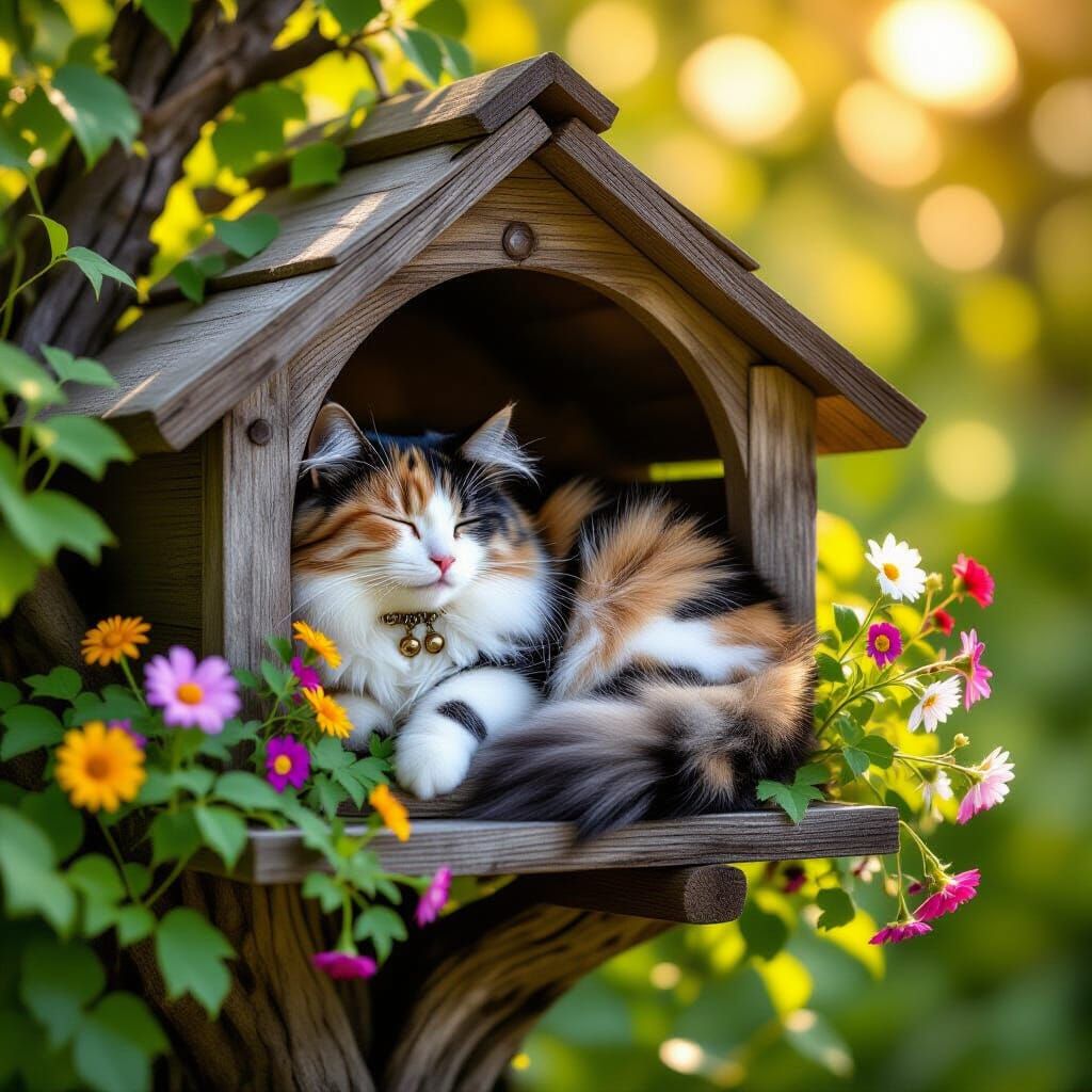 Calico Cat Napping in Wildflower Birdhouse