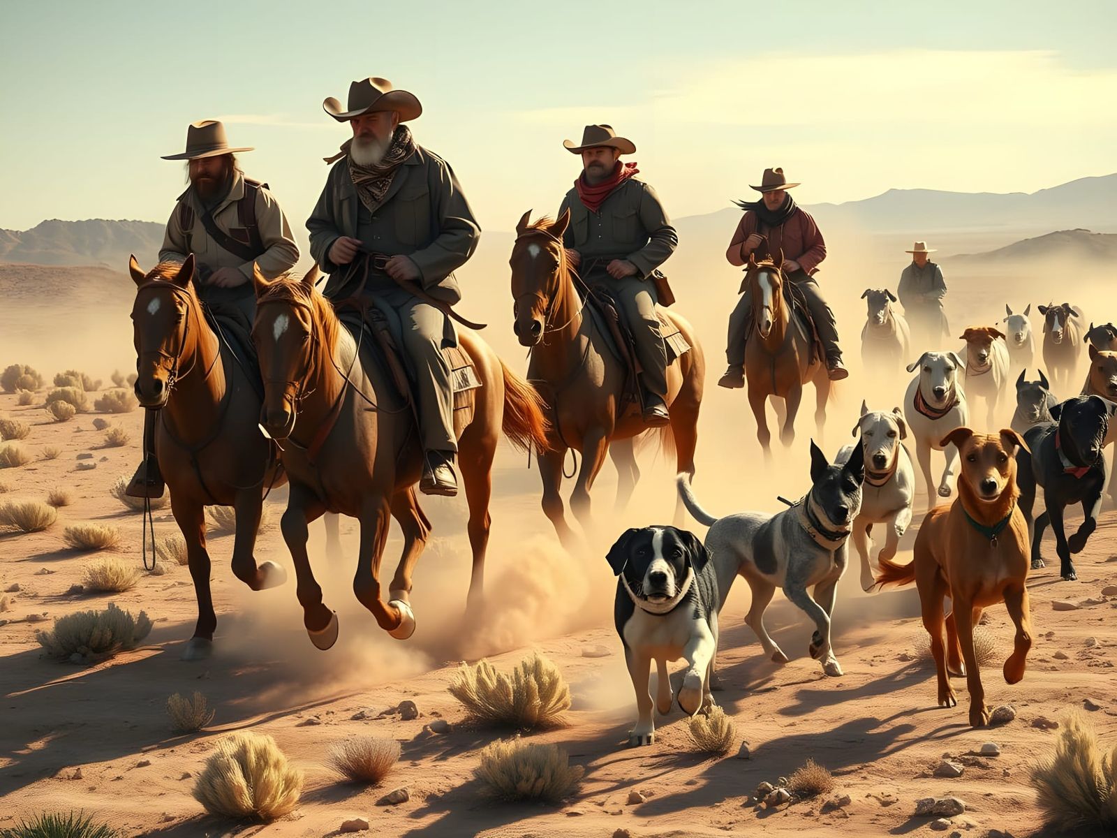 Old West Cowboys Herding Dogs Across the Chaparral