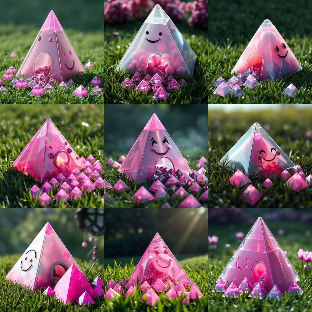 Vibrant Shimmering Pyramid Scene in Whimsical CGI Art