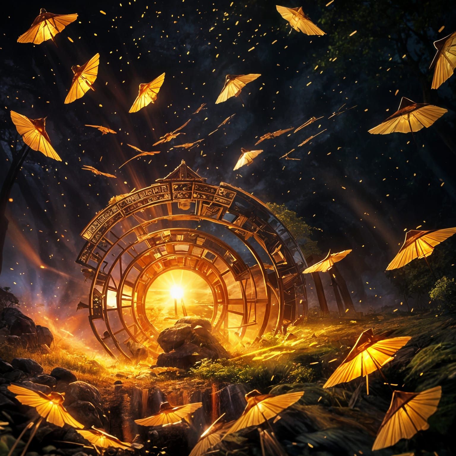 Sunlit Portal with Paper Airplanes, Digital Art