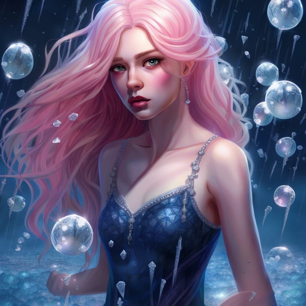 Pink-Haired Girl in Ball Gown on Crystalline Water
