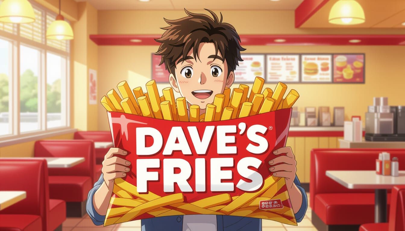 Anime Style Man Holds Giant Fries Pack Joyfully