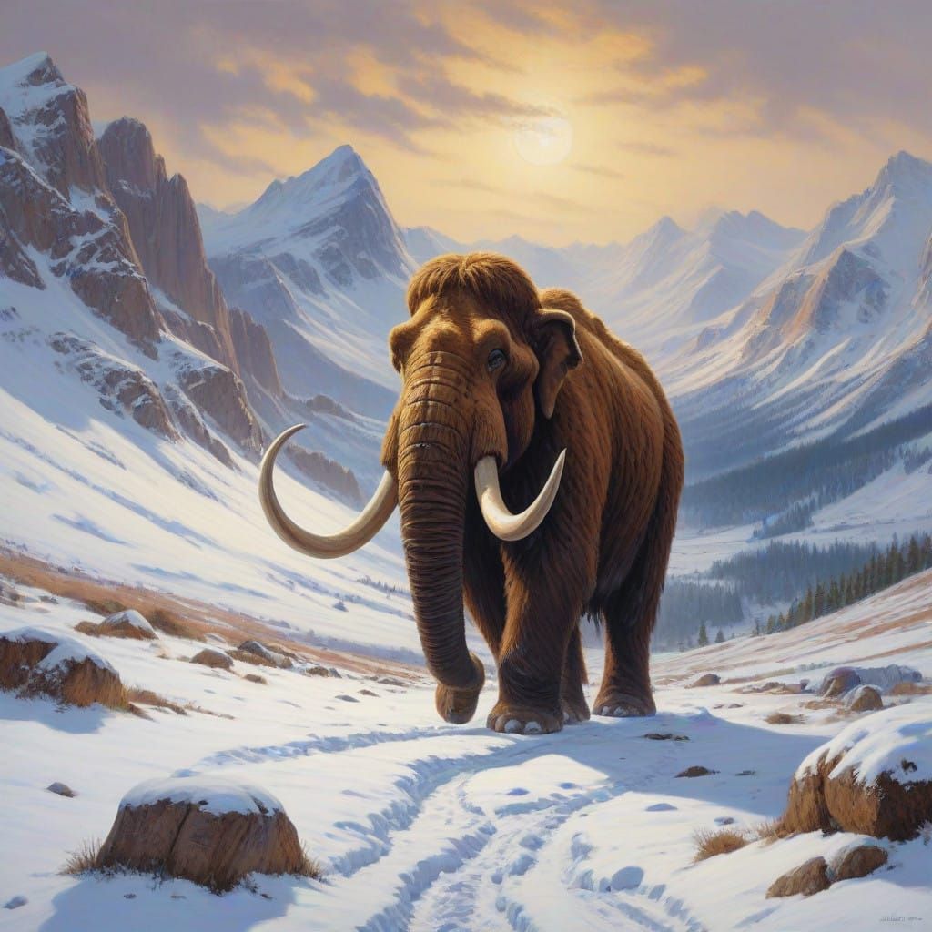 Wooly Mammoth Roams Snowy Alpine Landscape