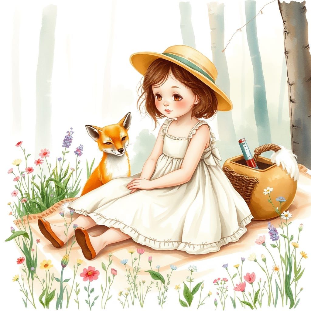 Whimsical Watercolor Springtime Picnic Scene with Young Girl...