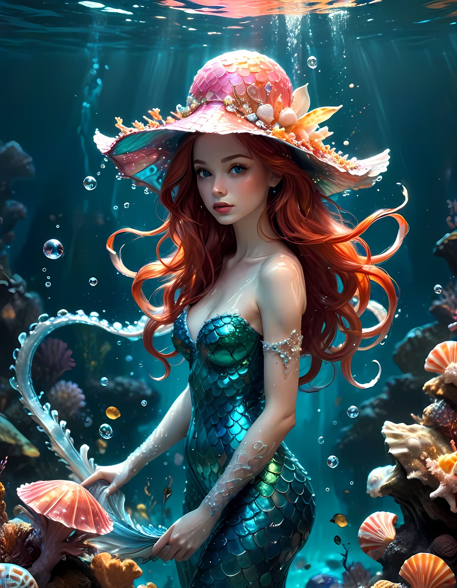 Mermaid with Octopus Seashell Hat in Luminous Ocean