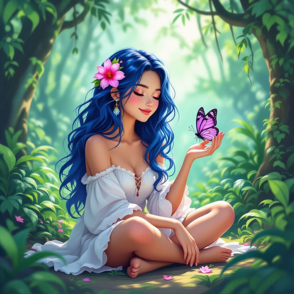 Blue-Haired Woman with Butterfly in Lush Jungle Art