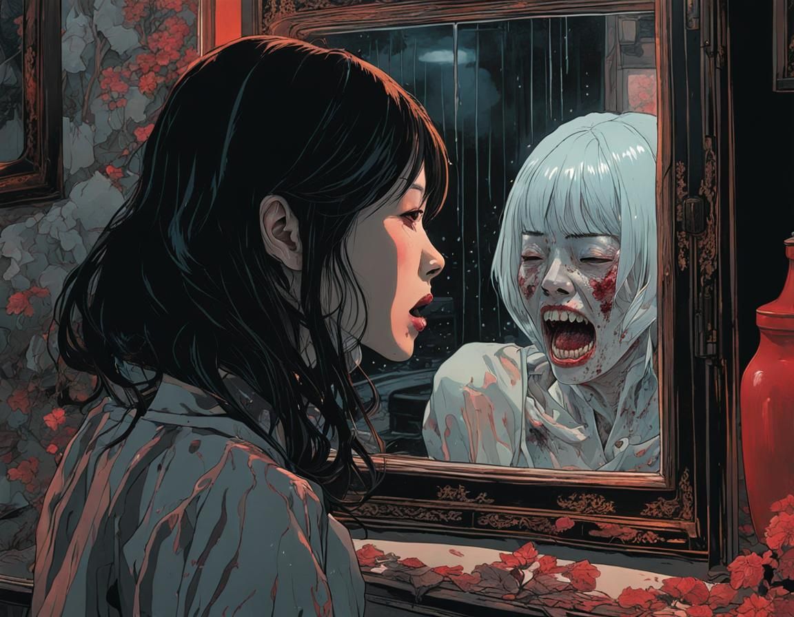 Terrified Woman and Zombie Demon in Mirror, Detailed Manhwa