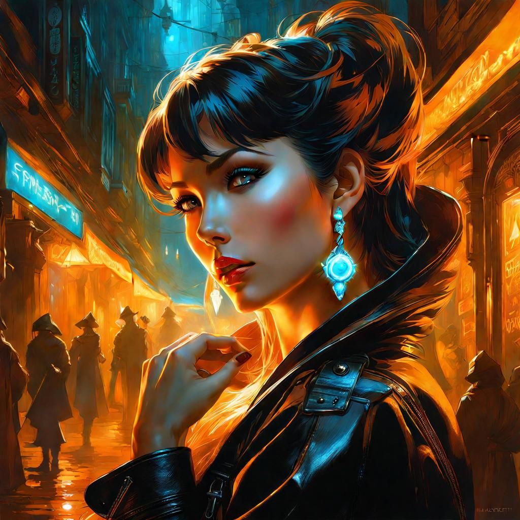 Bioluminescent Pin-Up in Dark Alleyway, Digital Art